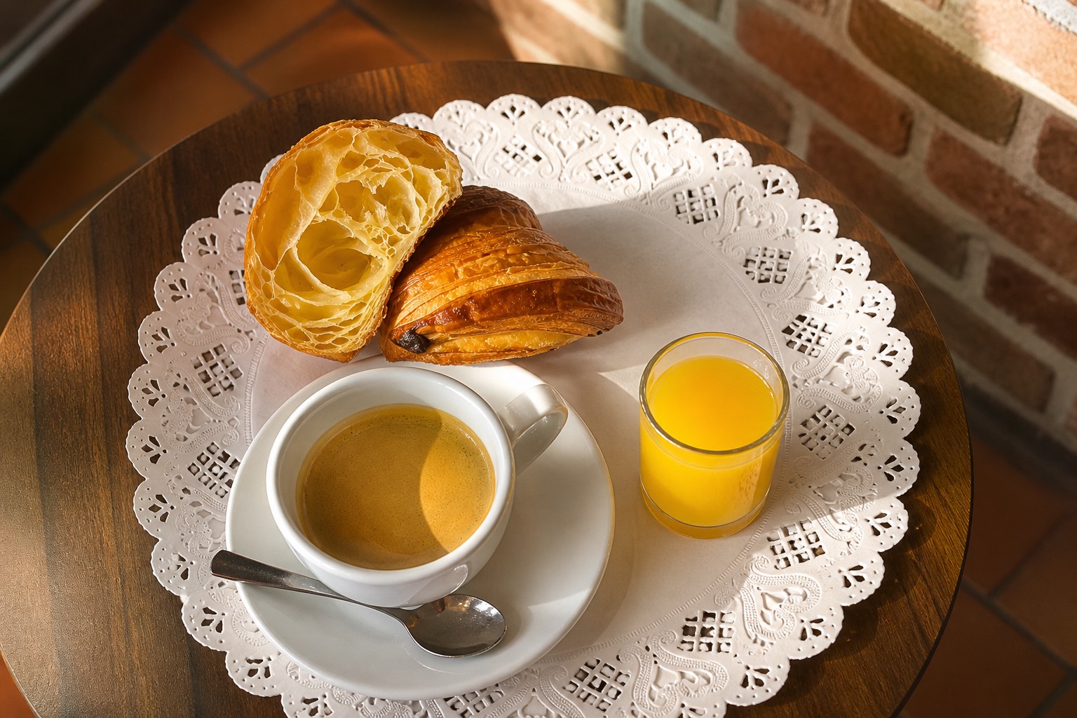 Petit-déjeuner avec croissant, café et jus d’orange